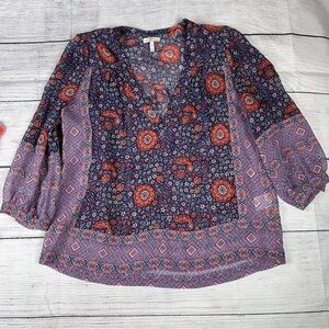 EUC Joie Fraizier 100% Silk Semi Sheer Boho Mixed Floral Blouse 3/4 Sleeve,Small